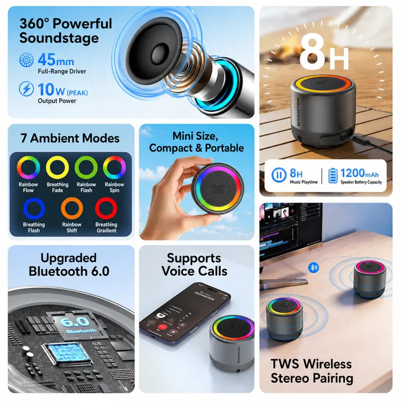 Monster Rechargeable Wireless Speaker - 360° Surround Sound, RGB LED Light Show, TWS Stereo Pairing, Bluetooth 6.0, Loud Bass, High-Capacity Battery, Compact Mini, Party Sound System, Stable Connection, for Outdoor Use, Dealsforyoudays Back to School