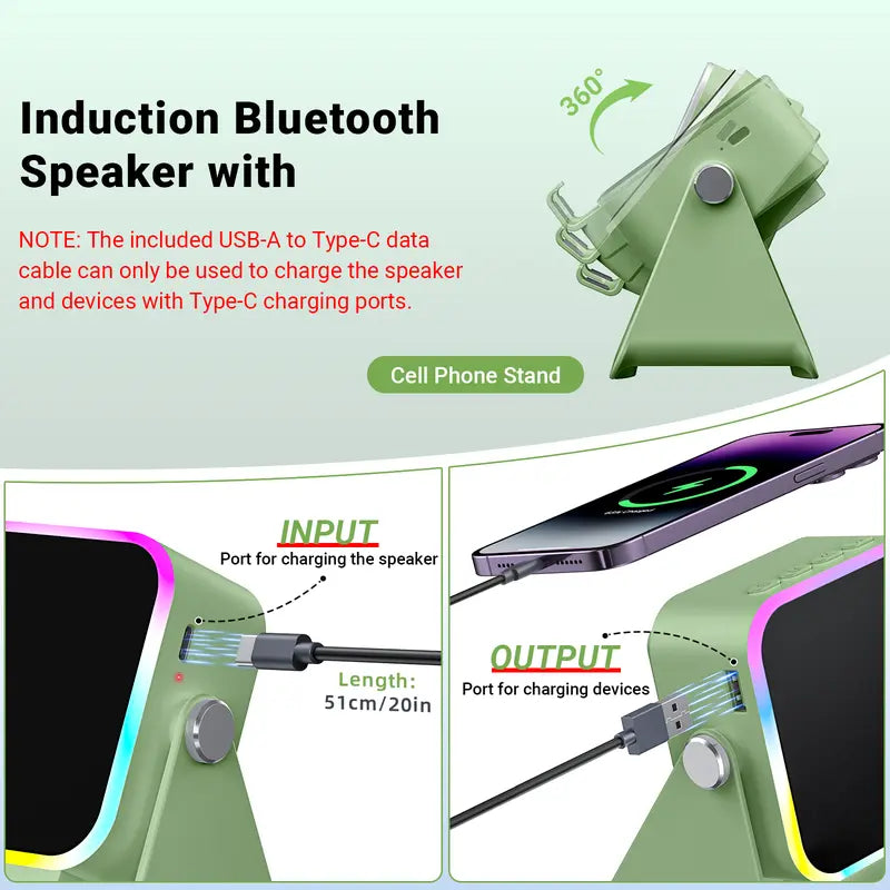 PUTARE Wireless Induction Audio Speaker Stand: 5-in-1 Cellphone Holder, 3500mAh Rechargeable Emergency Power Bank, 360° Adjustable Mobile Tablet Stand with Colorful Ambient Lighting – Ideal Gift for Men and Women
