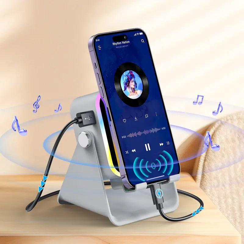 PUTARE Wireless Induction Audio Speaker Stand: 5-in-1 Cellphone Holder, 3500mAh Rechargeable Emergency Power Bank, 360° Adjustable Mobile Tablet Stand with Colorful Ambient Lighting – Ideal Gift for Men and Women