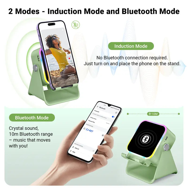 PUTARE Wireless Induction Audio Speaker Stand: 5-in-1 Cellphone Holder, 3500mAh Rechargeable Emergency Power Bank, 360° Adjustable Mobile Tablet Stand with Colorful Ambient Lighting – Ideal Gift for Men and Women