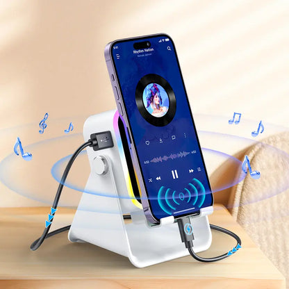 PUTARE Wireless Induction Audio Speaker Stand: 5-in-1 Cellphone Holder, 3500mAh Rechargeable Emergency Power Bank, 360° Adjustable Mobile Tablet Stand with Colorful Ambient Lighting – Ideal Gift for Men and Women