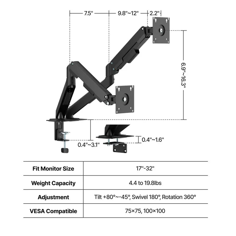 PEGZONE Ergonomic Monitor Stand - Single & Dual Gas Spring Adjustable Monitor Arm, Fits up to 32" Screens (Max 19.8Lbs), Includes Desk Clamp & Grommet Base
