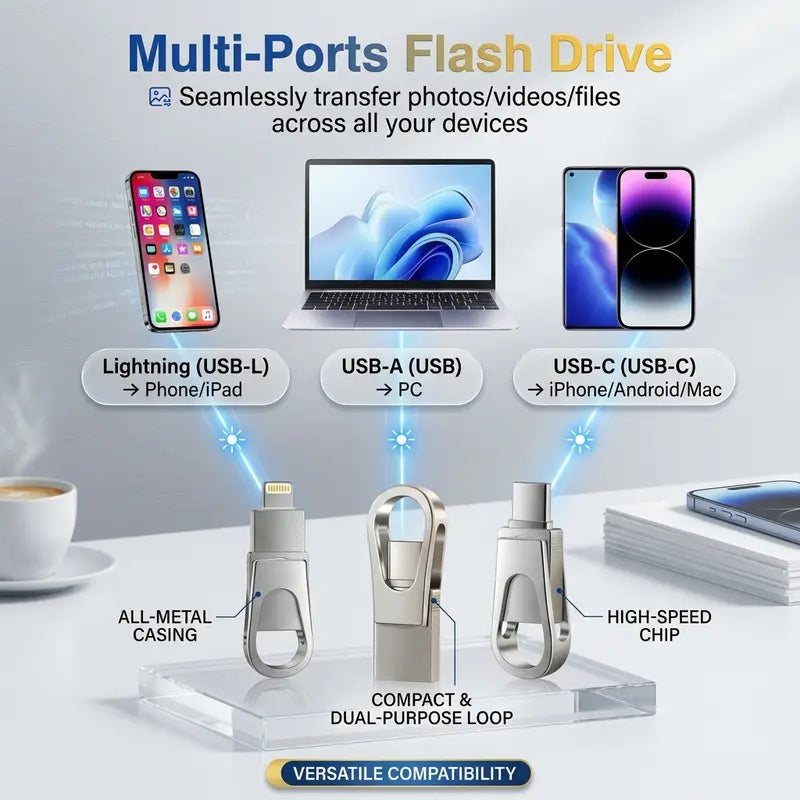 3-in-1 USB Flash Drive with Type-C OTG Dual Interface, High Capacity Memory Stick, No App Required, Compatible with iOS, Android, and HarmonyOS for Mobile and Computer Use | Summerwins