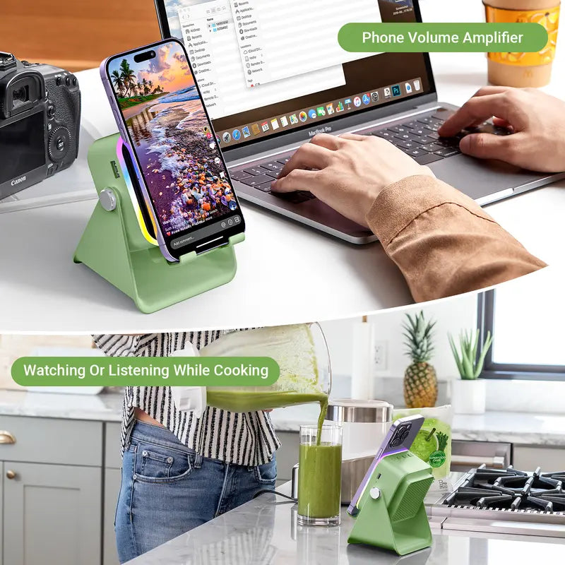 PUTARE Wireless Induction Audio Speaker Stand: 5-in-1 Cellphone Holder, 3500mAh Rechargeable Emergency Power Bank, 360° Adjustable Mobile Tablet Stand with Colorful Ambient Lighting – Ideal Gift for Men and Women