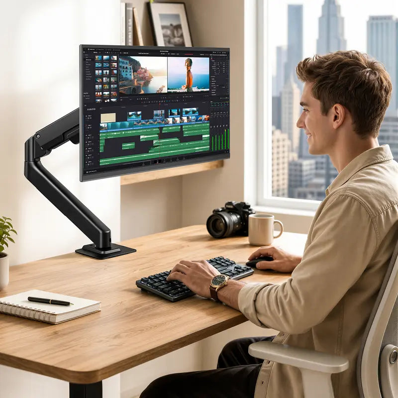 PEGZONE Ergonomic Monitor Stand - Single & Dual Gas Spring Adjustable Monitor Arm, Fits up to 32" Screens (Max 19.8Lbs), Includes Desk Clamp & Grommet Base