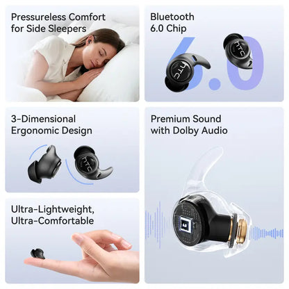 HTC NE76 Bluetooth 6.0 Wireless Earbuds - Metal In-Ear Mini Invisible Headset with 20kHz Audio, Lithium-Ion Battery, Noise Isolation, Comfortable for Side Sleepers, Ideal Travel Accessory