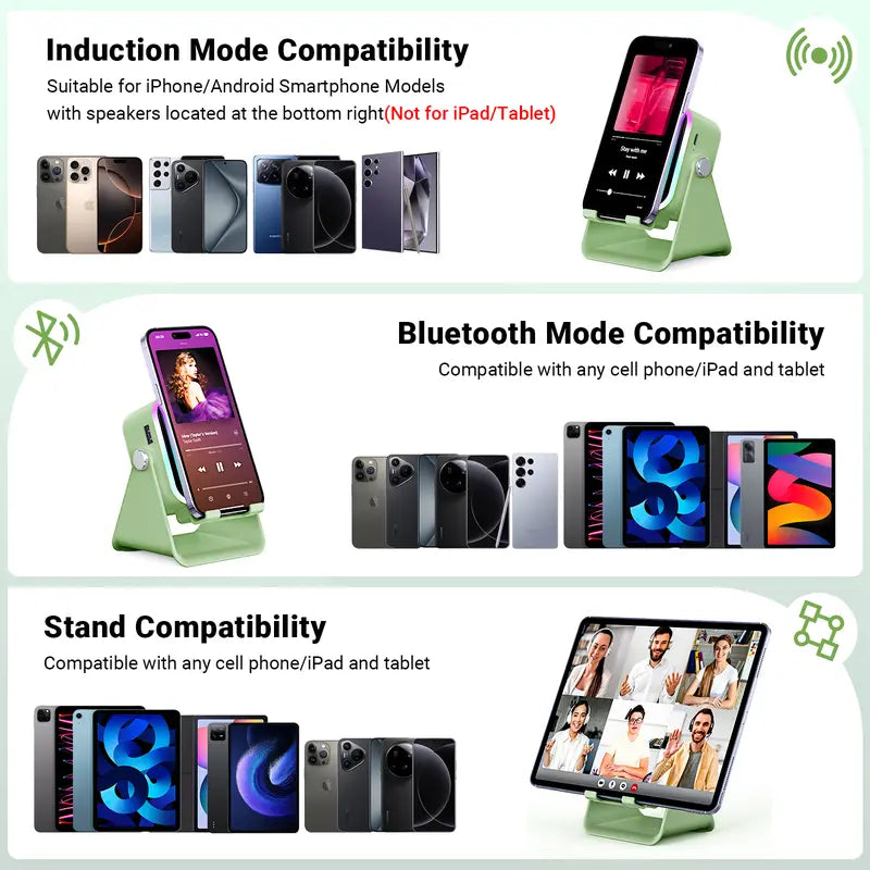 PUTARE Wireless Induction Audio Speaker Stand: 5-in-1 Cellphone Holder, 3500mAh Rechargeable Emergency Power Bank, 360° Adjustable Mobile Tablet Stand with Colorful Ambient Lighting – Ideal Gift for Men and Women