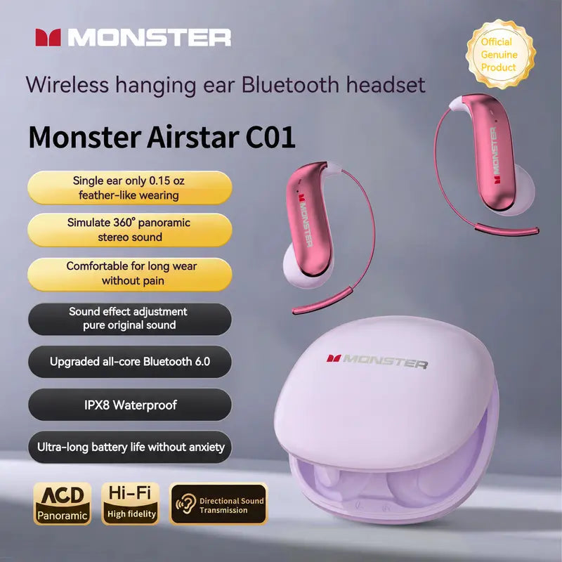 Monster Bluetooth Earbuds - Wireless Headphones with Zero-Gravity Titanium Ear-Hook Design, Noise Isolation, 100 Hours Playtime, Bluetooth 6.0, IPX8 Waterproof, Perfect Electronic Gift for Men and Women
