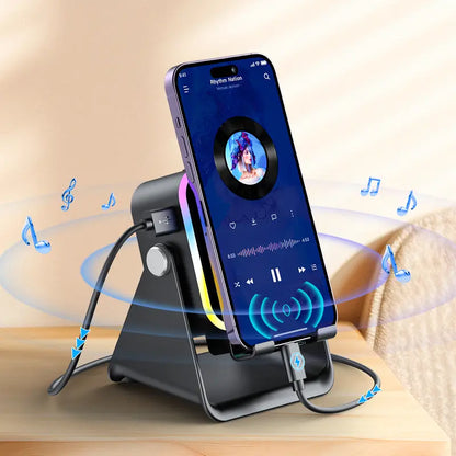 PUTARE Wireless Induction Audio Speaker Stand: 5-in-1 Cellphone Holder, 3500mAh Rechargeable Emergency Power Bank, 360° Adjustable Mobile Tablet Stand with Colorful Ambient Lighting – Ideal Gift for Men and Women