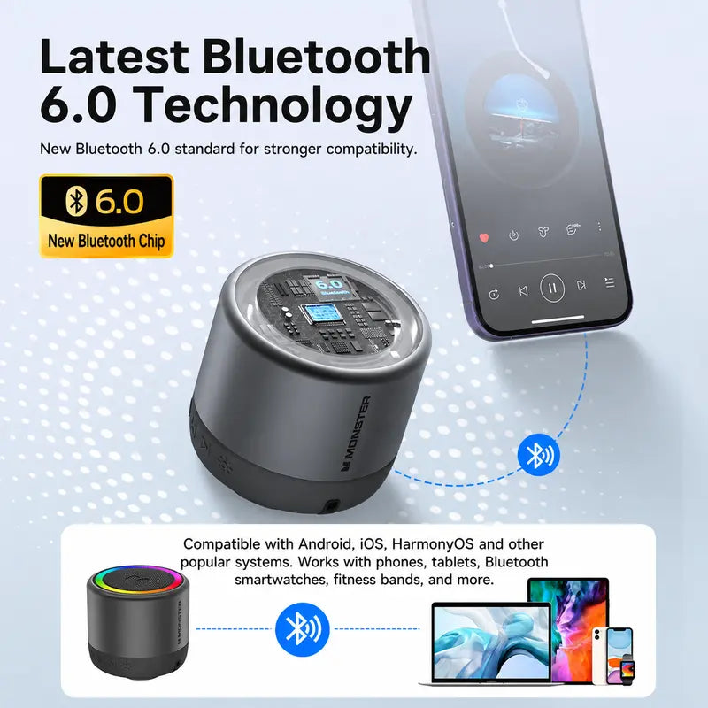 Monster Rechargeable Wireless Speaker - 360° Surround Sound, RGB LED Light Show, TWS Stereo Pairing, Bluetooth 6.0, Loud Bass, High-Capacity Battery, Compact Mini, Party Sound System, Stable Connection, for Outdoor Use, Dealsforyoudays Back to School
