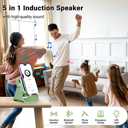 PUTARE Wireless Induction Audio Speaker Stand: 5-in-1 Cellphone Holder, 3500mAh Rechargeable Emergency Power Bank, 360° Adjustable Mobile Tablet Stand with Colorful Ambient Lighting – Ideal Gift for Men and Women