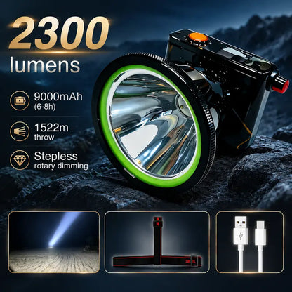 2300-Lumen Laser Cannon Headlamp with 9000mAh Battery, Digital Display, USB-C Charging, Flood & Throw Hybrid (1500M Range), Stepless Rotary Dimming, Includes Cable & Detachable Headband