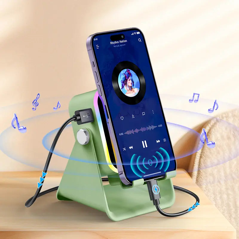 PUTARE Wireless Induction Audio Speaker Stand: 5-in-1 Cellphone Holder, 3500mAh Rechargeable Emergency Power Bank, 360° Adjustable Mobile Tablet Stand with Colorful Ambient Lighting – Ideal Gift for Men and Women