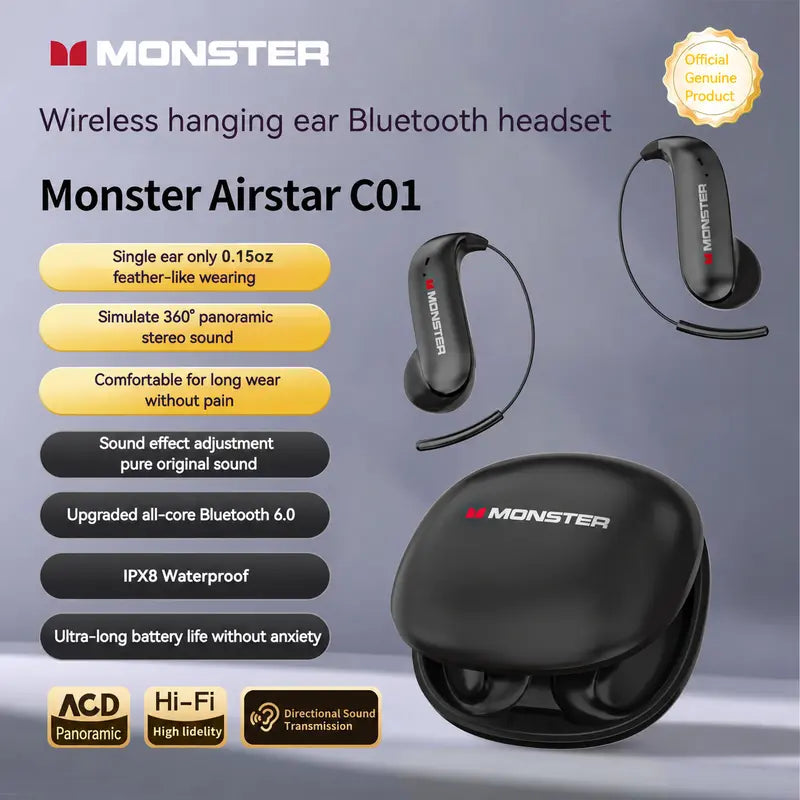 Monster Bluetooth Earbuds - Wireless Headphones with Zero-Gravity Titanium Ear-Hook Design, Noise Isolation, 100 Hours Playtime, Bluetooth 6.0, IPX8 Waterproof, Perfect Electronic Gift for Men and Women