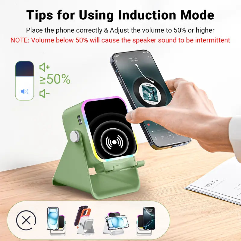 PUTARE Wireless Induction Audio Speaker Stand: 5-in-1 Cellphone Holder, 3500mAh Rechargeable Emergency Power Bank, 360° Adjustable Mobile Tablet Stand with Colorful Ambient Lighting – Ideal Gift for Men and Women