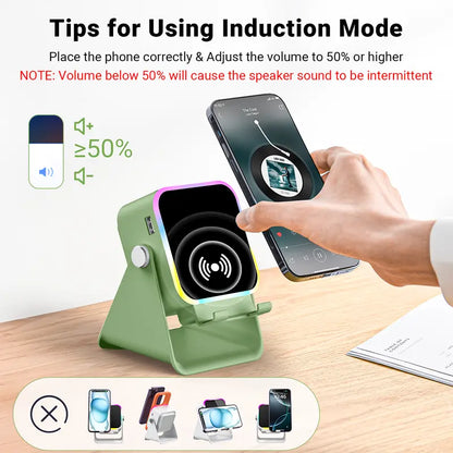 PUTARE Wireless Induction Audio Speaker Stand: 5-in-1 Cellphone Holder, 3500mAh Rechargeable Emergency Power Bank, 360° Adjustable Mobile Tablet Stand with Colorful Ambient Lighting – Ideal Gift for Men and Women