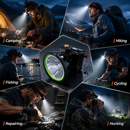 2300-Lumen Laser Cannon Headlamp with 9000mAh Battery, Digital Display, USB-C Charging, Flood & Throw Hybrid (1500M Range), Stepless Rotary Dimming, Includes Cable & Detachable Headband