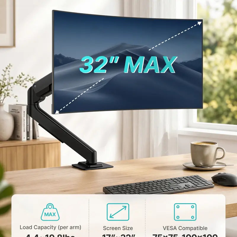 PEGZONE Ergonomic Monitor Stand - Single & Dual Gas Spring Adjustable Monitor Arm, Fits up to 32" Screens (Max 19.8Lbs), Includes Desk Clamp & Grommet Base